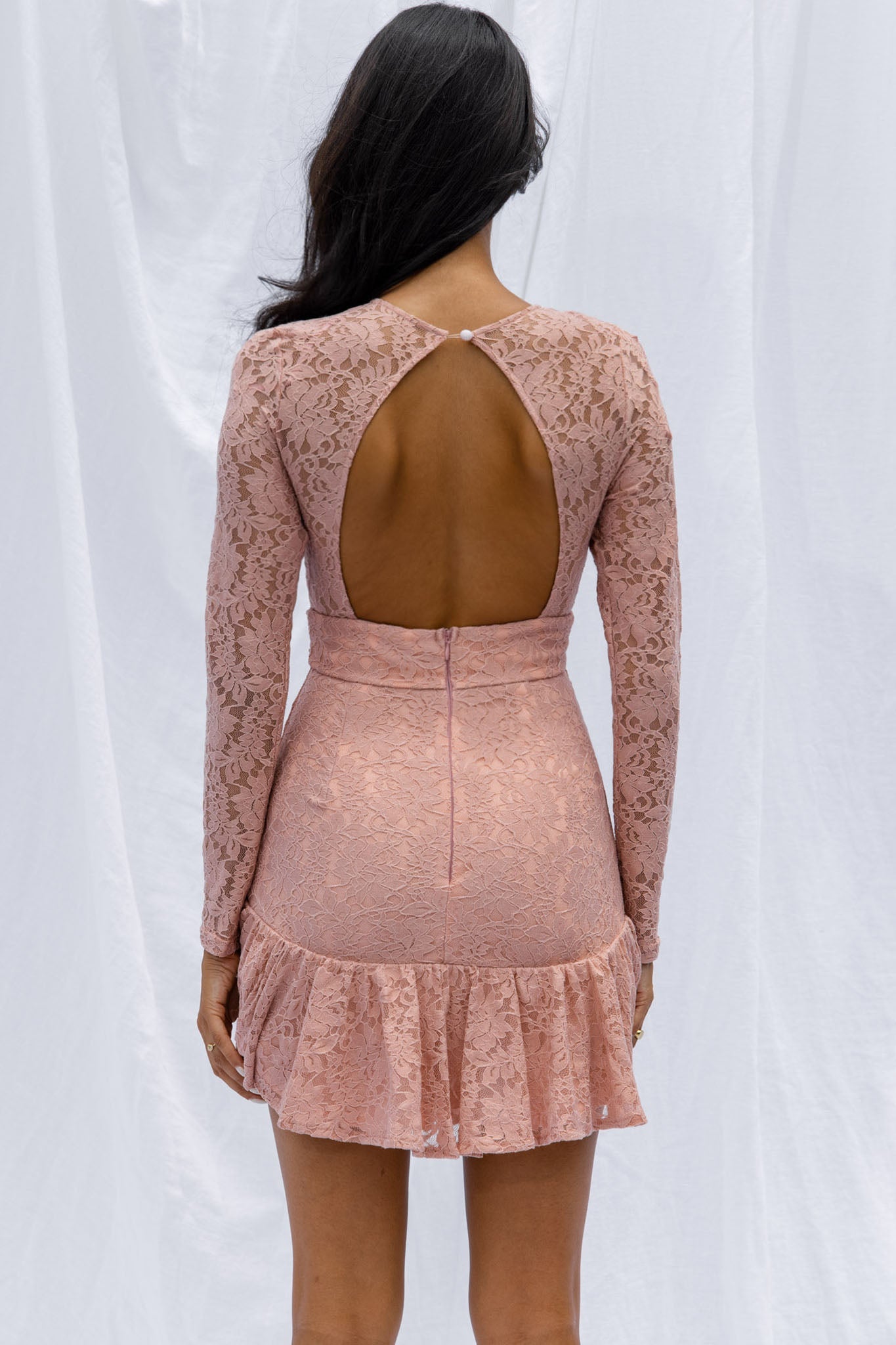 Hearts Aflutter Long Sleeve Open Back Lace Mini Dress Blush