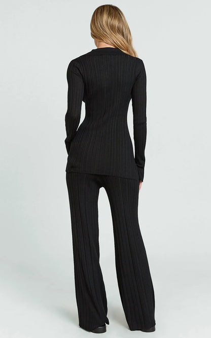 Kelsey Top - Button Through Long Sleeve Knitted Top in Black
