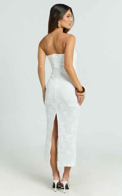 Jamil Midi Dress - Strapless Fitted Jersey Dress in White