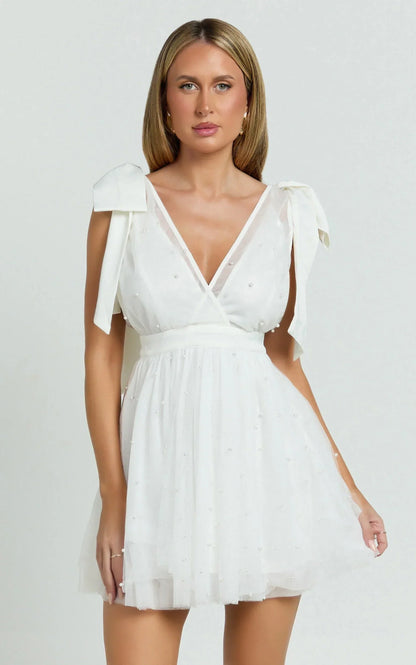 Karalyn Mini Dress - Bow Strap Plunge Pearl Detail Dress in White