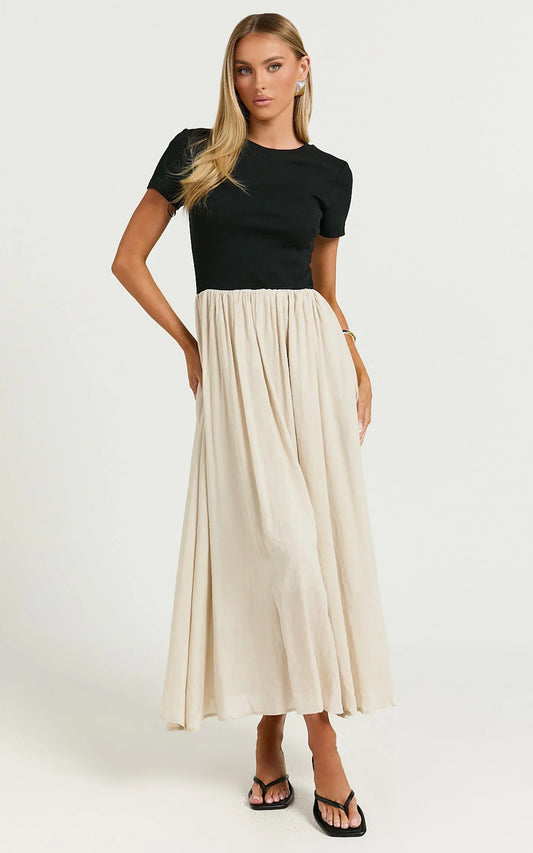 Hermie Midi Dress - Short Sleeve Contrast Dress in Black & Beige