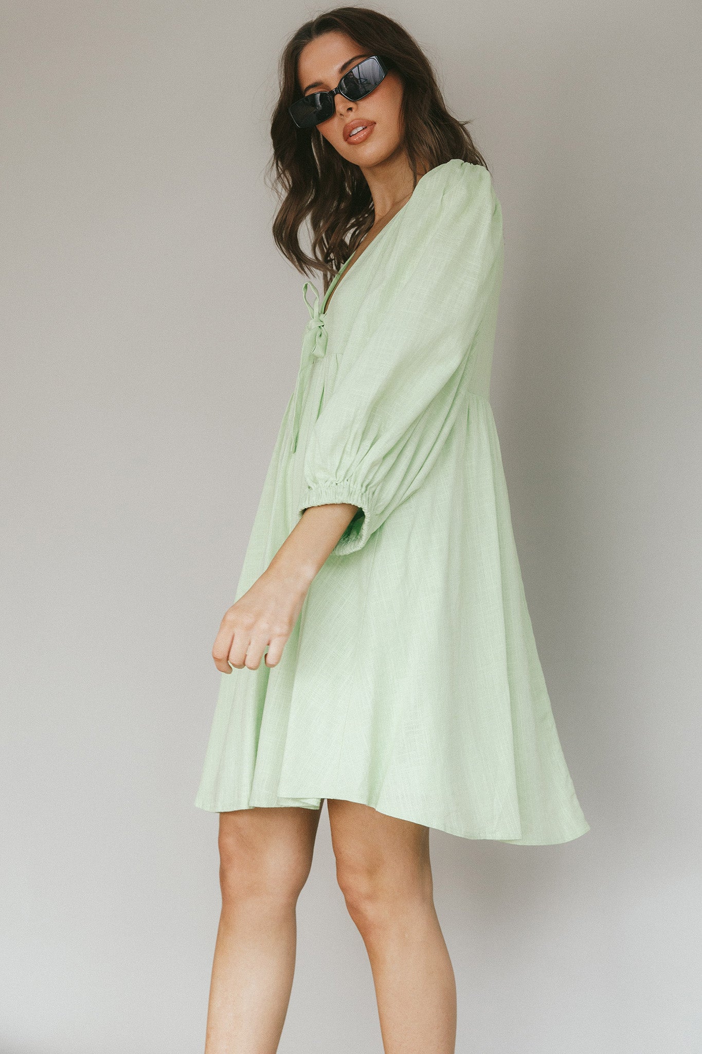 New Haven Puff Sleeve Swing Dress Lime