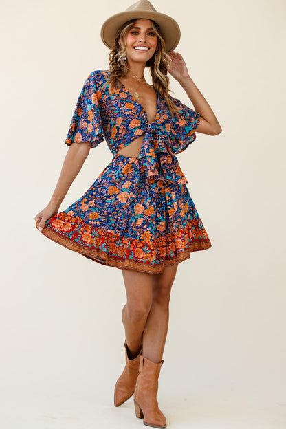 Suva Tie-Knot Bust A-Line Dress Floral Print Navy
