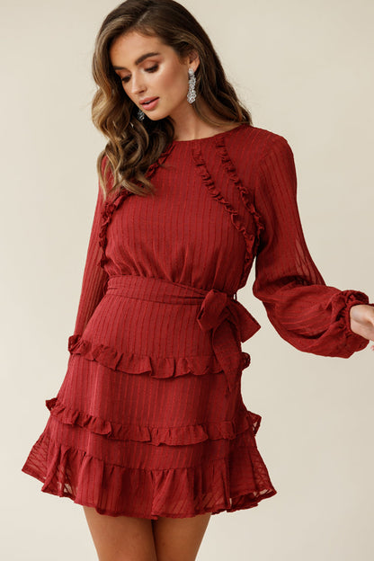 Dusk Long Sleeve Waist Tie Frill Dress Thin Stripe Wine