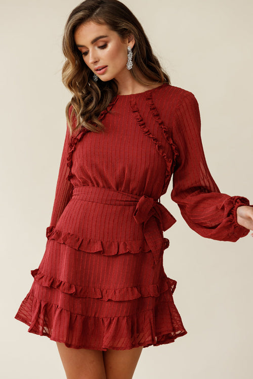 Dusk Long Sleeve Waist Tie Frill Dress Thin Stripe Wine