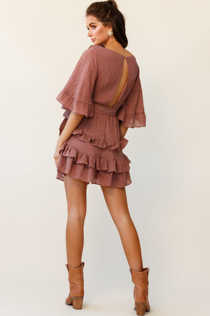 Time Will Tell Angel Sleeve Frill Detail Dress Antique Rose