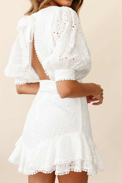 Ruth Puff Sleeve Open Back Broderie Anglaise Dress White