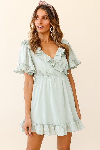 Malika Angel Sleeve Ruffle Trim Dress Pistachio