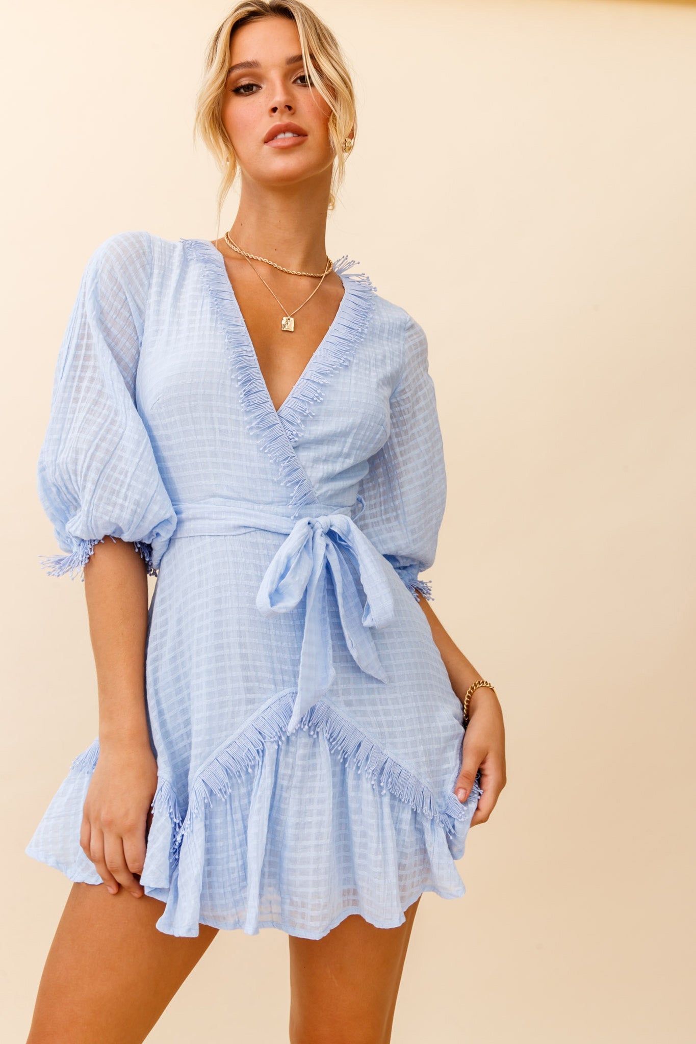 Flyin' Solo Fringe Trim Waist Tie Dress Steel Blue