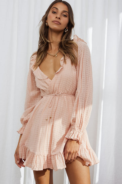 Hooked On A Feeling Long Sleeve String Tie Back Mini Dress Peach