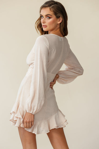 Maddox Long Sleeve Layered Ruffle Hem Dress Beige