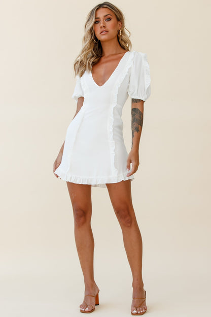 Maisy Puff Sleeve Frill Trim Dress White
