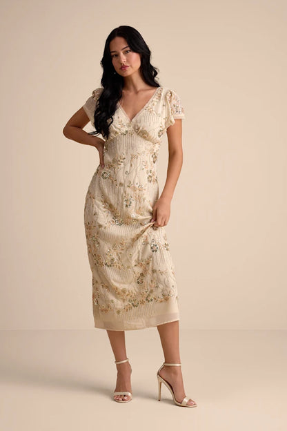 Angelila Beige Sequin Beaded Short Sleeve Midi Dress