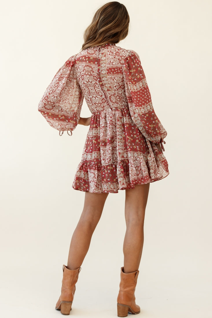 Marja Long Balloon Sleeve Shirred Dress Paisley Print Burgundy