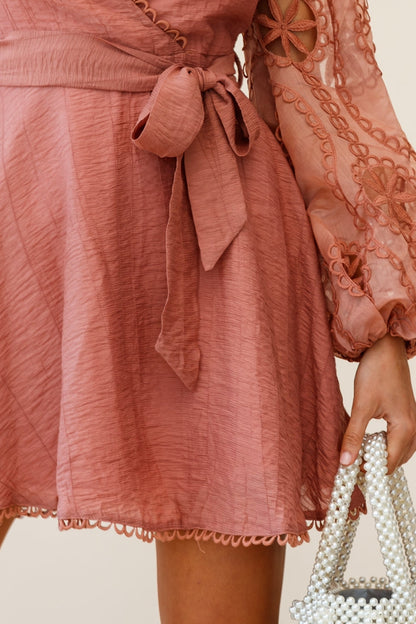 Dali Embroidered Chiffon Balloon Sleeve Dress Rose