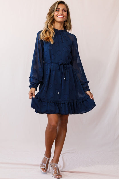 Tracee High Neckline Sheer Sleeve Polka Dot Dress Navy