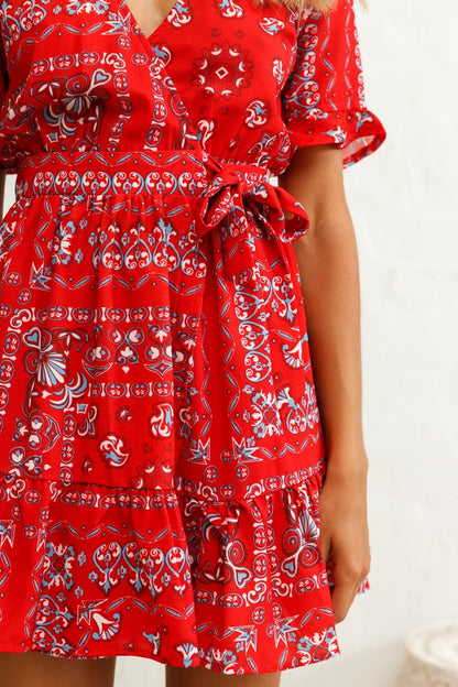 Rubi V-Neckline Wrap Dress Pattern Print Red