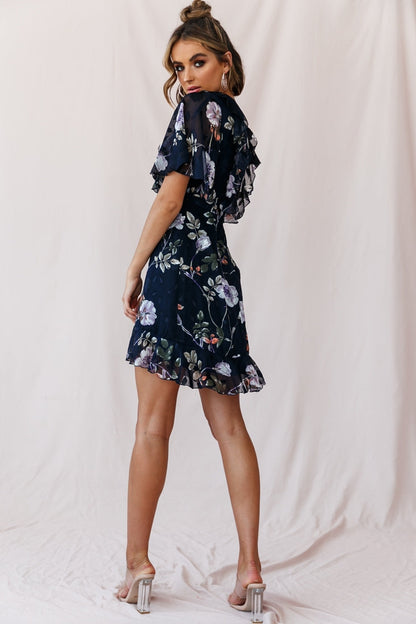 June Angel Sleeve Ruffle Detail Dress Navy
