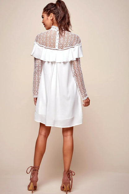 Mendes Lace Detailed High Neck Long Sleeved Dress White