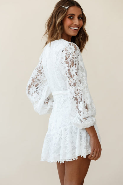 Cami Balloon Sleeve Faux Wrap Dress Lace White