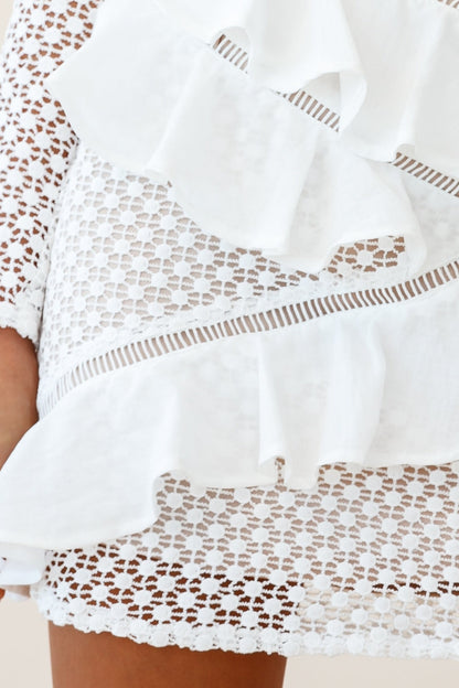 Aramis Long Sleeve Lace & Ruffle Detail Dress White
