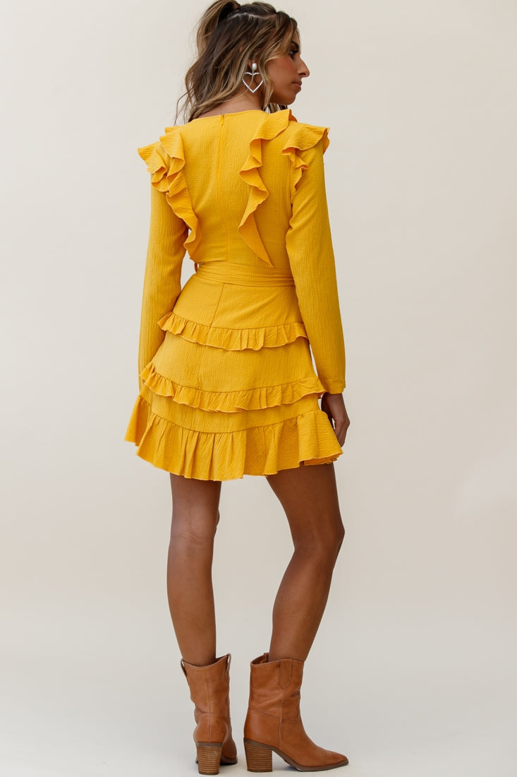 Jemirah Ruffle-Trimmed Long Sleeve Frill Dress Mustard