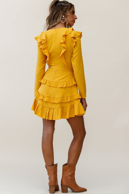 Jemirah Ruffle-Trimmed Long Sleeve Frill Dress Mustard