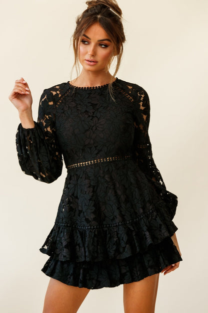 Henrietta Lace Overlay Long Sleeve Ruffle Dress Black