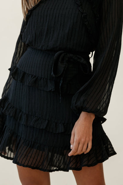 Dusk Long Sleeve Waist Tie Frill Dress Sheer Stripe Black