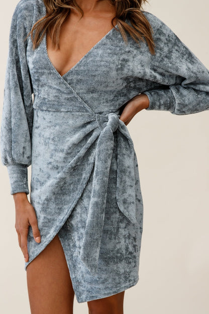 Isolde Ribbed Velour Wrap Dress Grey