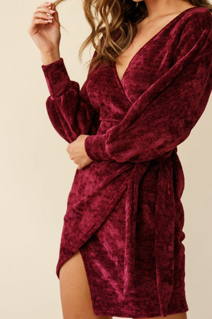 Isolde Ribbed Velour Wrap Dress Plum