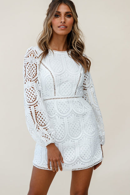 Heart Crochet Overlay Balloon Sleeve Dress White