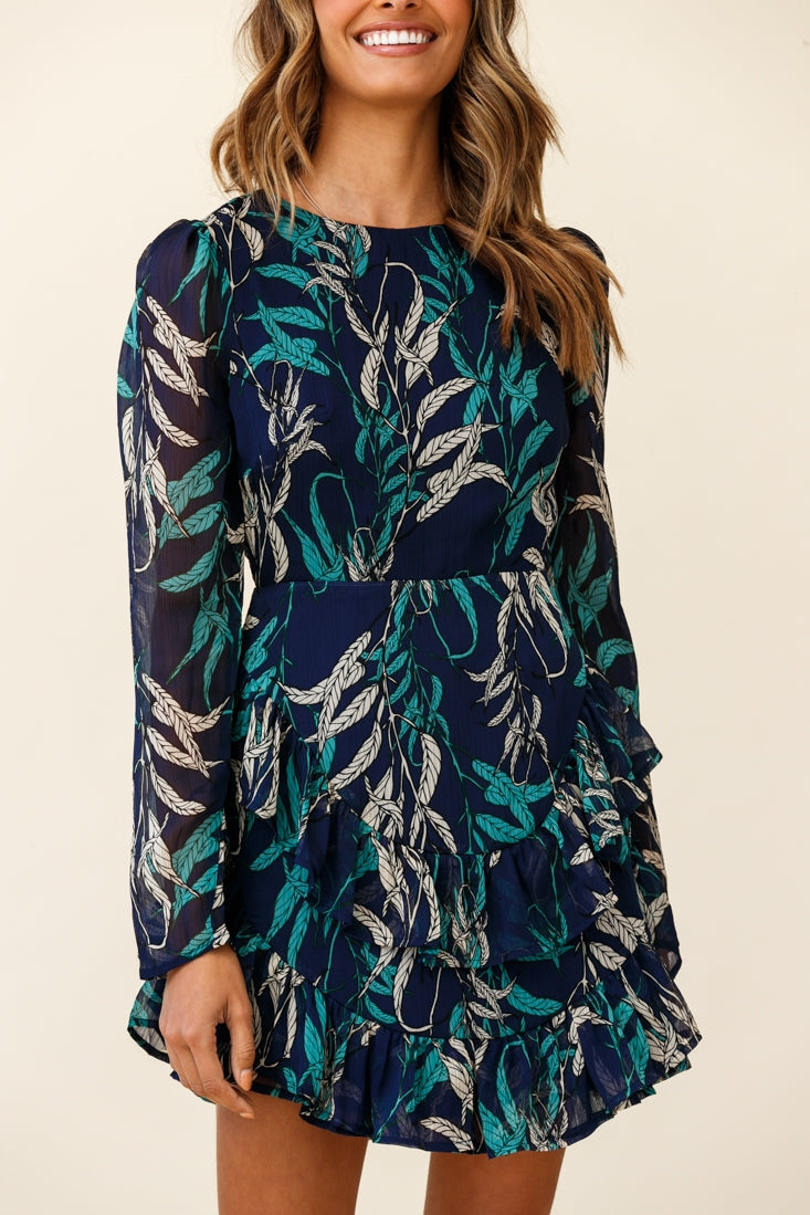 Liz Long Sleeve Double Ruffle Dress Leaf Print Navy