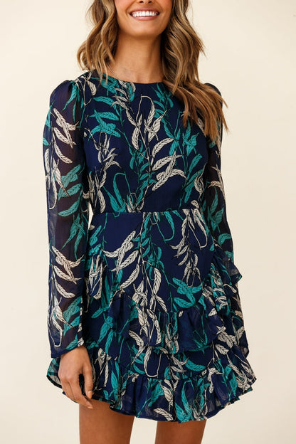 Liz Long Sleeve Double Ruffle Dress Leaf Print Navy